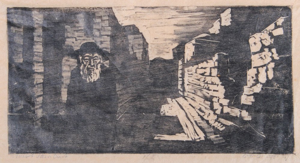 Jacob Steinhardt Woodcut (German/Israeli 1887-1968): Jacob Steinhardt Woodcut (German/Israeli 1887-1968), Jerusalem, signed lower left in pencil, 1/5 or 45?, '48, image size: 3.75"x7.5".