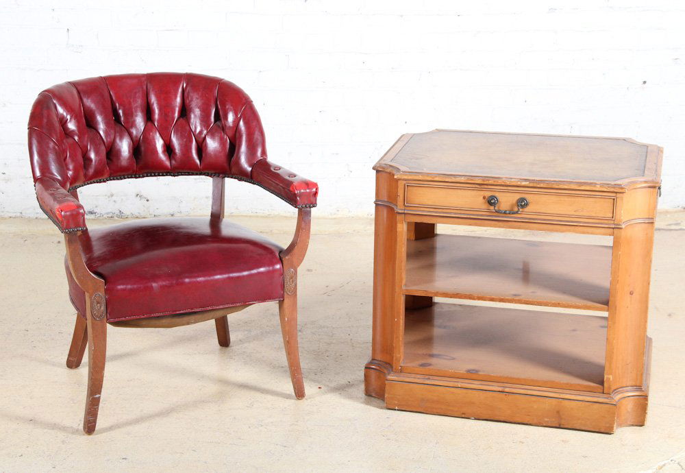 Chair and Side Table: Chair and Side Table. Dimensions: 32 x 27 x 25 inches (chair), 26 x 29 x 22 inches (table).