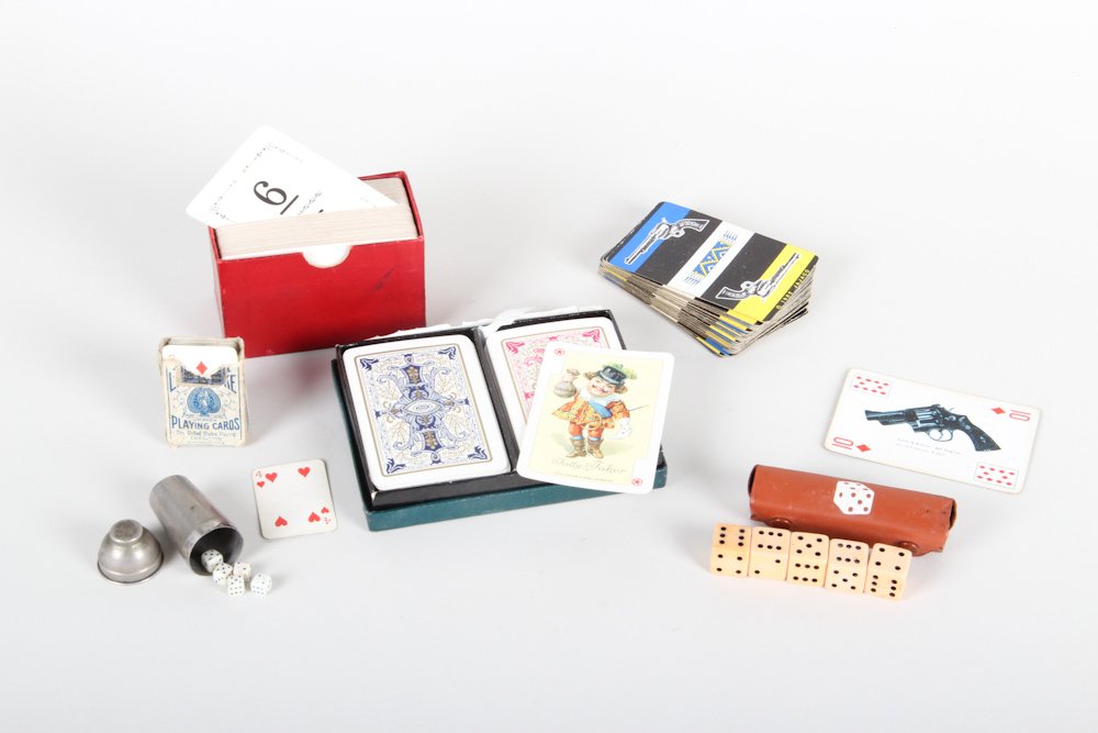 Lot of Games: Lot of Games including Two Craps Games and Five Decks of Playing Cards (One pair in box marked Platnik Coronet, Vienna). Dimensions: Various Sizes.