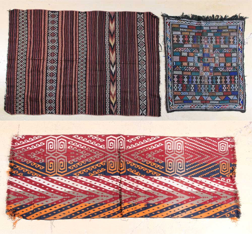 Three Kilim Rugs: Three Kilim Rugs, early 20th c, including an Afghan kilim (4'8" x 6'1") and a Turkish cicim (4' 3" x 3' 4") and a Central Asian Kilim Panel, Krygizstan (6'3" x 2'5").