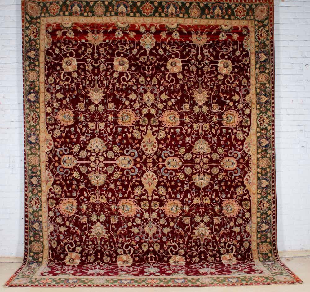 Agra Carpet: Agra Carpet, India, modern, classical Shah Abbas design, heavily abrashed red field, border in shades of green; wear, minor repairs. Dimensions: 10'10" x 14.
