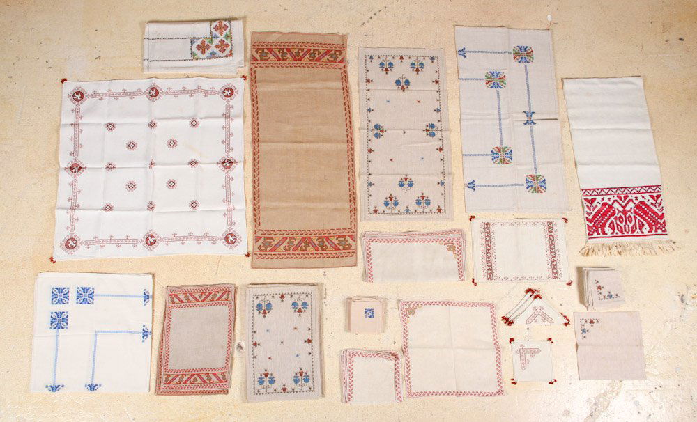 Collection of Greek Island Embroidered Textiles: Various Greek Island Embroidered textiles-napkins, place mats, table runners. Early to mid 20th c. Excellent condition. Dimensions ranging in size from: 4" x 4" to 11" x 3'6-1/2".