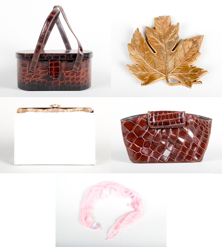 Ladies Vintage Fashion Grouping: Ladies Vintage Fashion Grouping, including three handbags, one leaf broach, and a scarf.