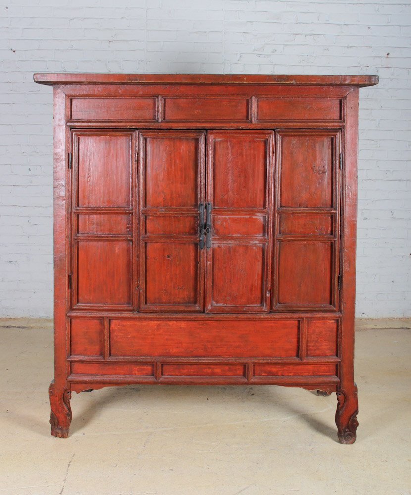 Chinese Red Lacquer Cabinet: Chinese Red Lacquer Cabinet, late 19th c, mixed woods. Dimensions: 70 x 55-1/2 x 24 inches. Property of Michaelian and Kohlberg.