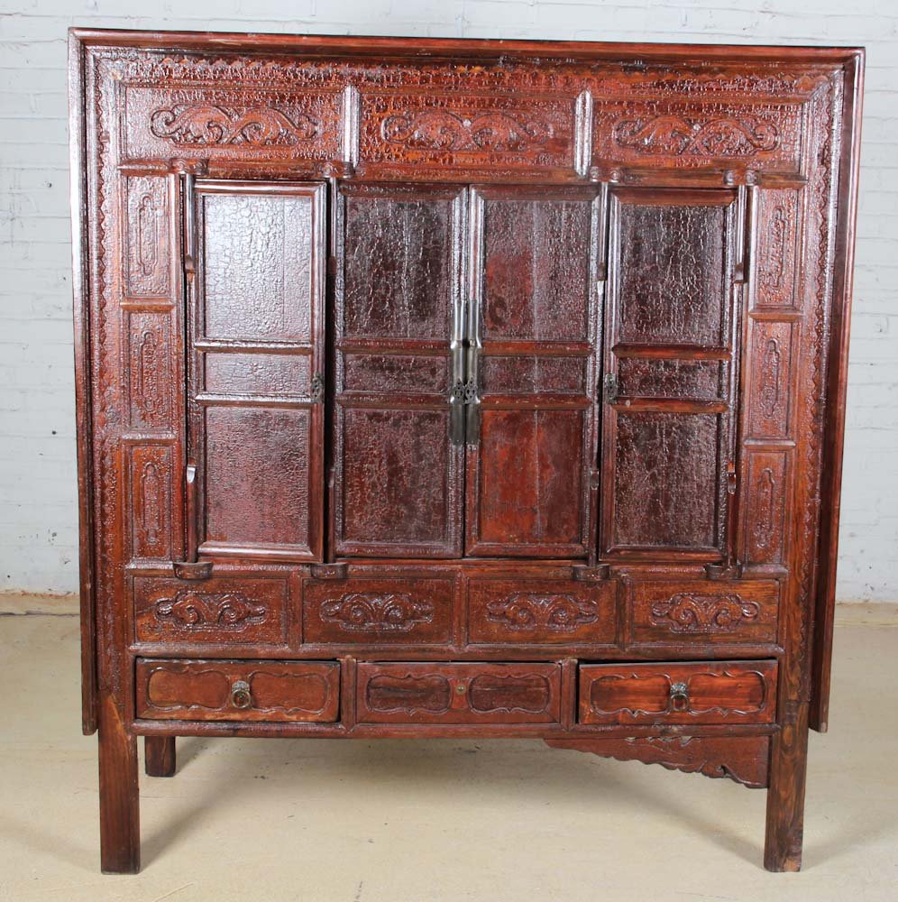Chinese Red Lacquer Cabinet: Chinese Cabinet, late 19th c, elm. Dimensions: 67 x 60 x 67 inches. Property of Michaelian and Kohlberg.