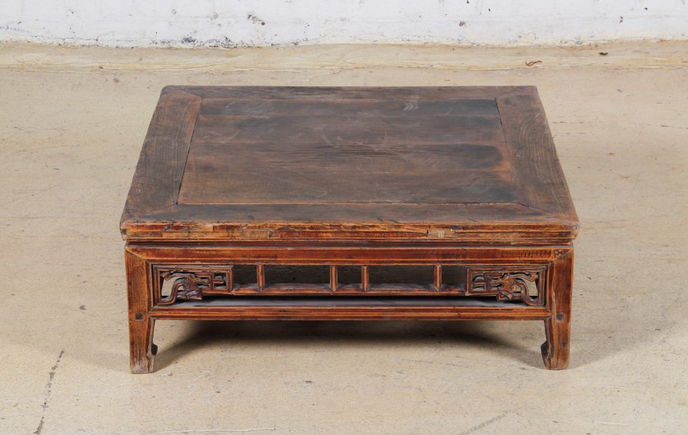 Chinese Low Square Table: Chinese Low Square Table, circa 1900, elm. Dimensions: 12 x 33 x 32 inches. Property of Michaelian and Kohlberg.