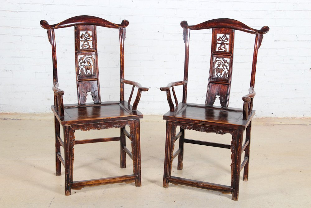 Pair of Chinese Formal Chairs: Pair of Chinese Formal Chairs, circa 1900, elm. Dimensions: 46-1/2 x 25 x 22 inches (each). Property of Michaelian and Kohlberg.