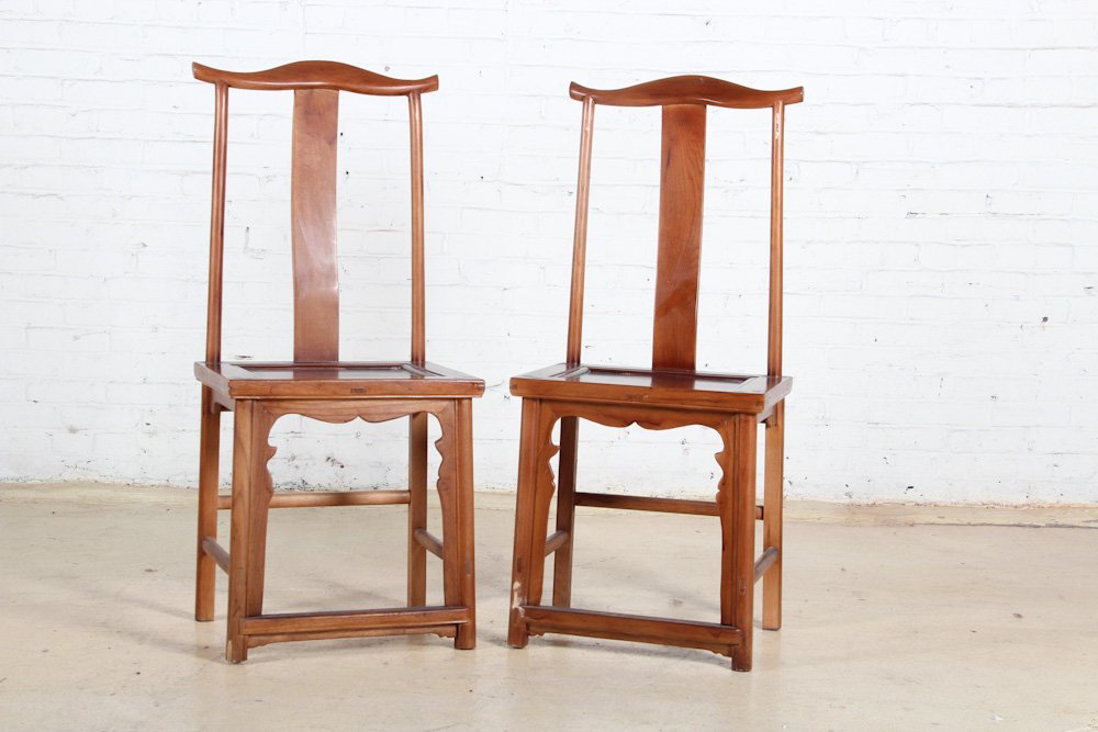 Pair of Chinese Formal Chairs: Pair of Chinese Chairs, early 20th c, elm or pine. Dimensions: 45 x 20 x 18 inches (each). Property of Michaelian and Kohlberg.