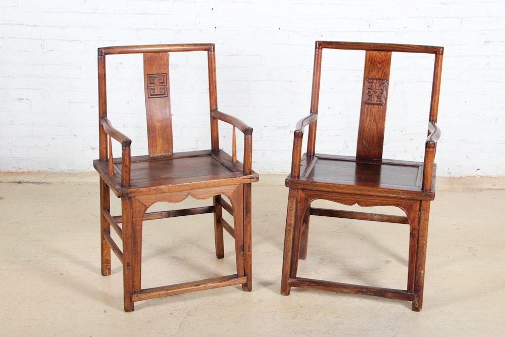 Pair of Chinese Formal Chairs: Pair of Chinese Chairs, circa 1900, elm. Dimensions: 40 x 23 x 18 inches (each). Property of Michaelian and Kohlberg.