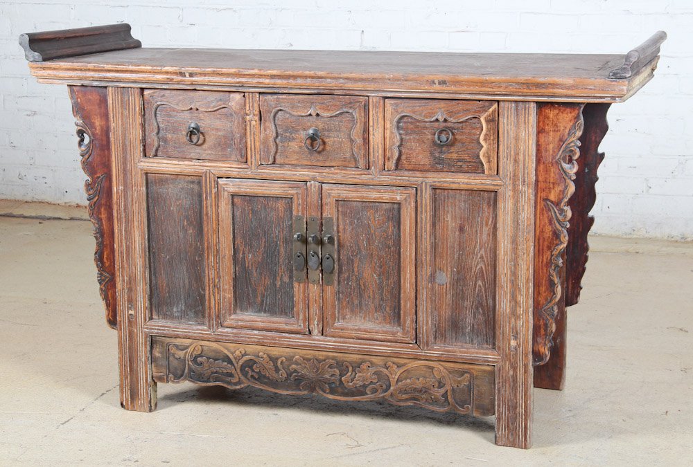 Chinese Sideboard Cabinet: Chinese Sideboard Cabinet, early 20th c, elm. Dimensions: 35 x 57 x 20 inches. Property of Michaelian and Kohlberg.