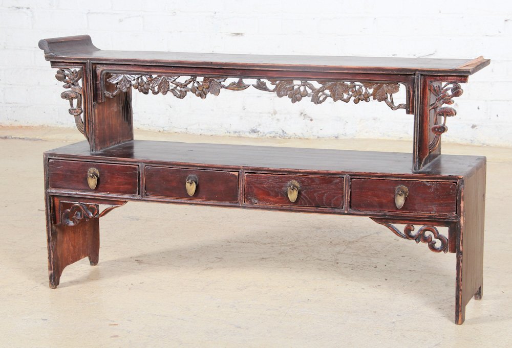 Chinese Carved Wood Jewelry Stand: Chinese Carved Wood Jewelry Stand, circa 1900, elm. Dimensions: 20 x 37 x 8 inches, missing piece. Property of Michaelian and Kohlberg.