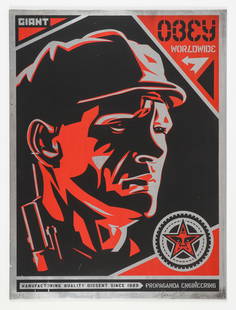 Shepard Fairey (American, b. 1970) Obey "Worker" screenprint on metal, 2000, signed, dated and: Shepard Fairey (American, b. 1970) Obey "Worker", screenprint on metal, 2000, signed, dated and numbered 1/2. Size: 24'' x 18'', 61 x 46 cm (plate). Unframed. Note: scratches. Provenance: Private Coll