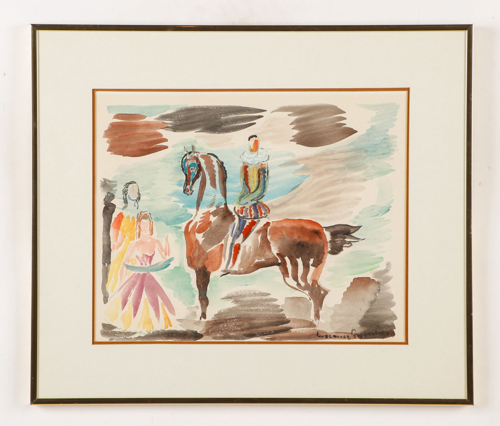 Eugeniusz Geppert (Polish, 1890-1979) Painting: Eugeniusz Geppert (Polish, 1890-1979) Untitled (Horseback Rider), watercolor painting on paper, signed. Framed. Size: 12.75'' x 15.5'', 32 x 39 cm (sight); 19.25'' x 22.25'', 49 x 57 cm (frame).