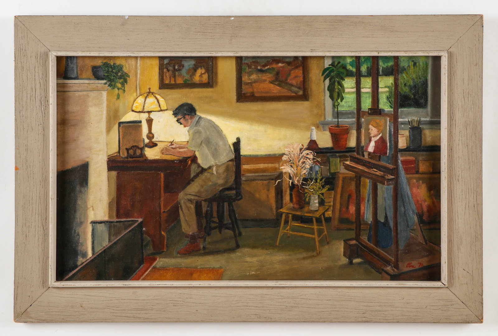 Eva Marinelli Martino (American, b. 1929): Eva Marinelli Martino (American, b. 1929) "Giovanni at Desk", oil painting on canvas, signed. Framed. Size: 18'' x 30'', 46 x 76 cm (stretcher); 23.5'' x 35.5'', 60 x 90 cm (frame).