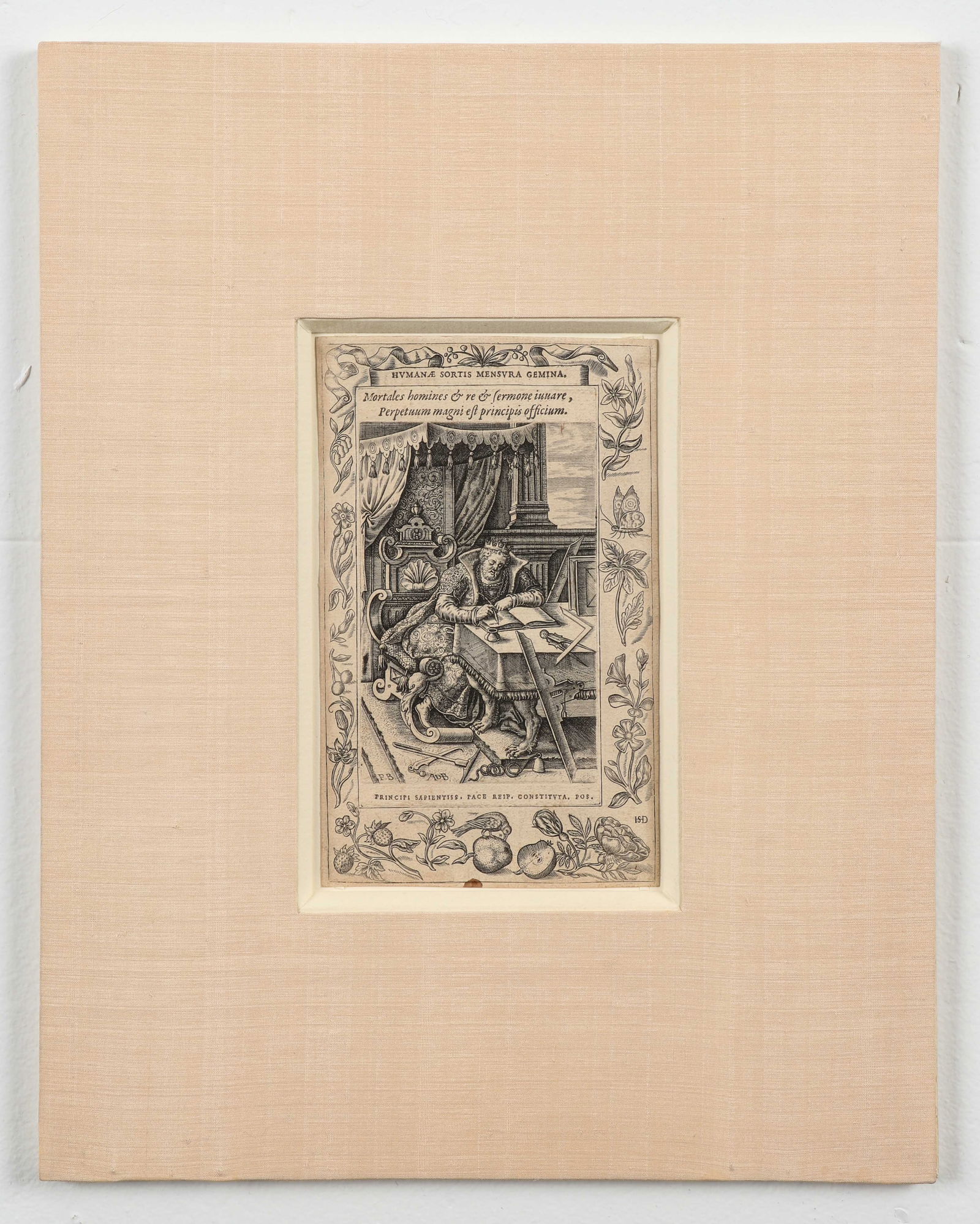Abraham de Bruyn (Flemish, 1538-1587): Abraham de Bruyn (Flemish, 1538-1587), engraving from an emblem book: "Principi Sapientiss Pace Reip Constitva Pos". Size: 7'' x 4'', 18 x 10 cm (image); 14'' x 11'', 36 x 28 cm (board).