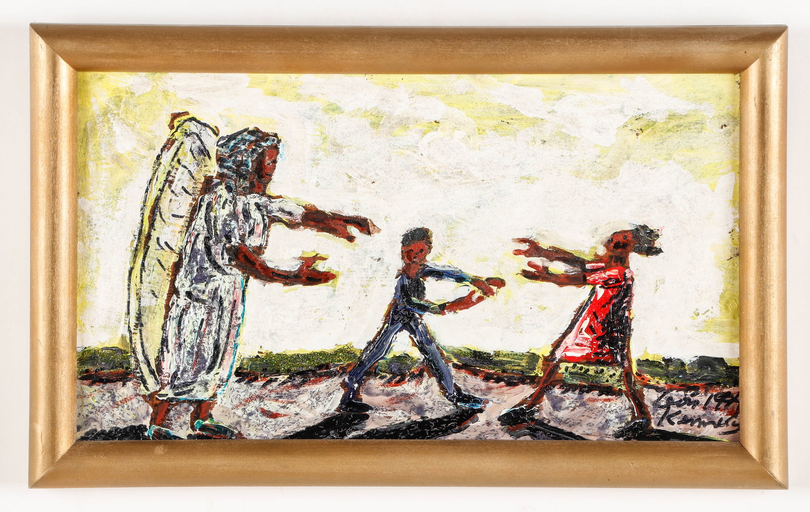 Leon Kennedy (American, b. 1945): Leon Kennedy (American, b. 1945) "Guardian Angel and Children," 1999, tempera and glitter painting, signed and dated. Framed. Size: 9.25'' x 16'', 23 x 41 cm (board); 11.25'' x 18.25'', 29 x 46 cm (fr