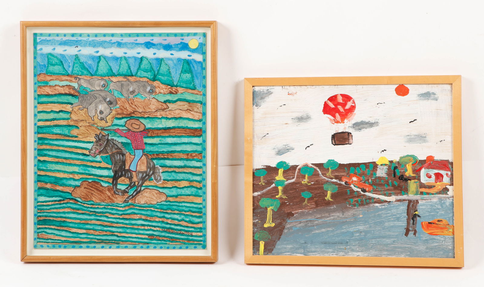 Lamont "Old Ironsides" Pry (1921-1987) and Robyn Beverland (1957-1988): Two Works by Various Artists: Lamont "Old Ironsides" Pry (American, 1921-1987) and Robyn "The Beaver" Beverland (American, 1957-1988): Hot Air Balloon and Horseback Rider, signed. Framed. Sizes: 1) 15