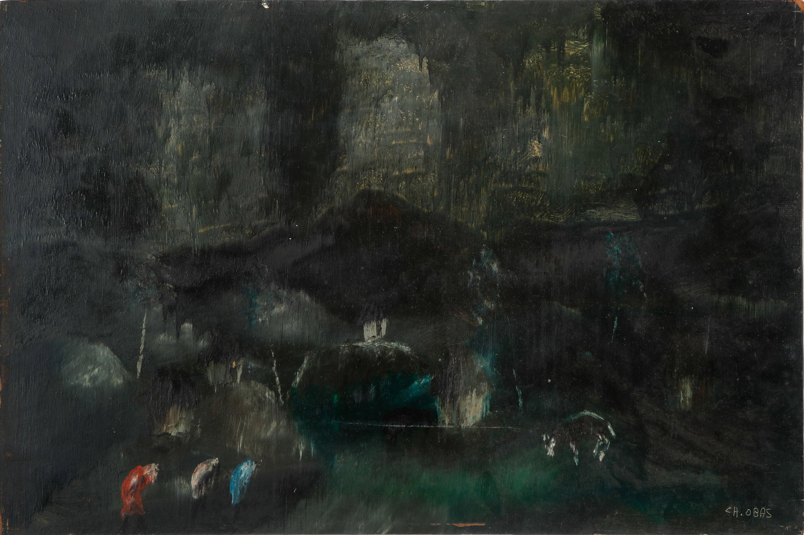 Charles Obas (1927-1968) Village at Night: Charles Obas (Haitian, 1927-1968) Village at Night, oil painting on board, signed. Unframed. Size: 16'' x 24'', 41 x 61 cm (board).