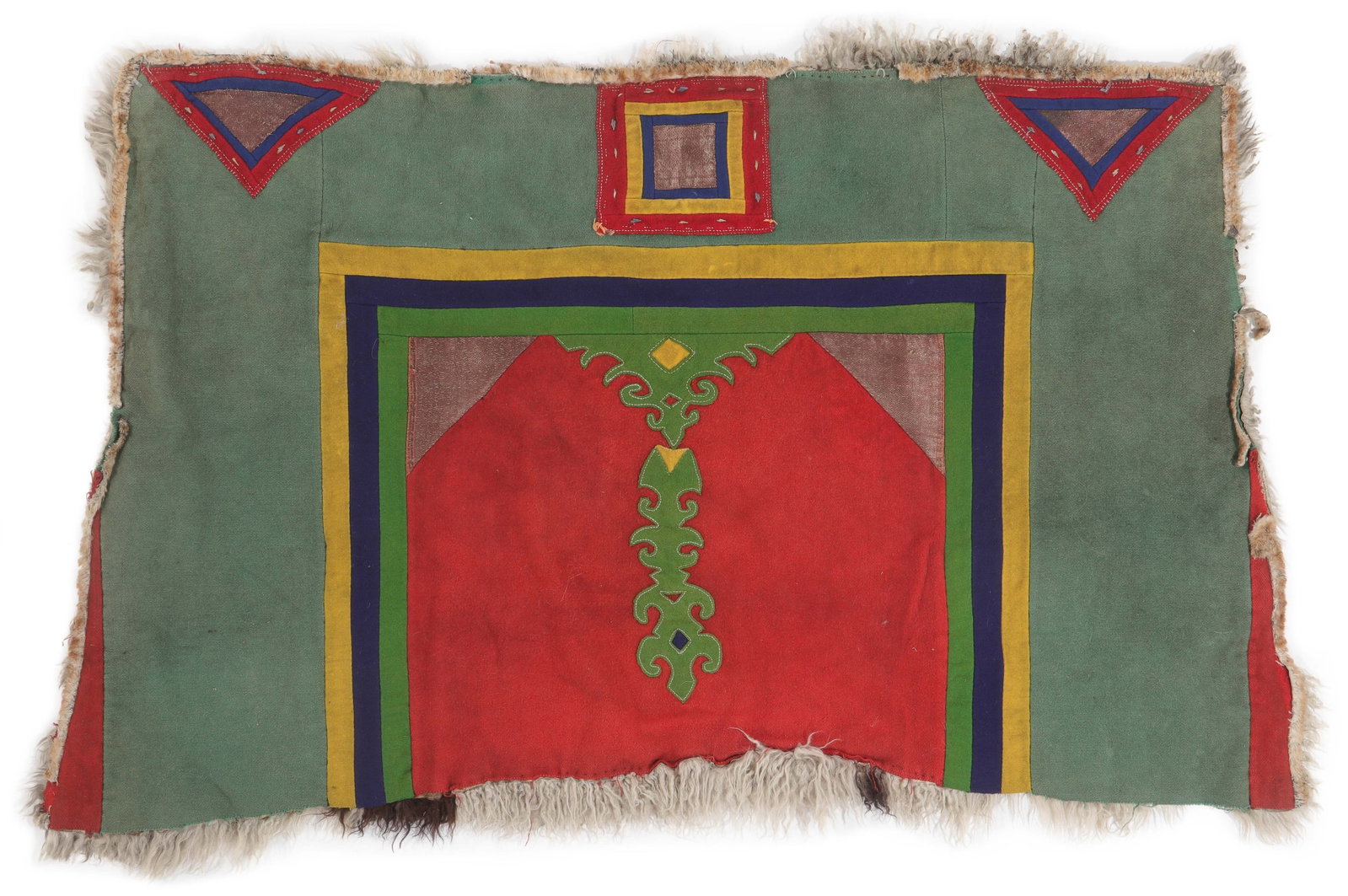 Traditional Felt Applique Cape with Fleece Lining, Tibet, Ca. 1900: Traditional Felt Applique Cape with Fleece Lining, Tibet, Ca. 1900, 3'10'' x 2'4'' (117 x 71 cm). Weight: 3 lbs.