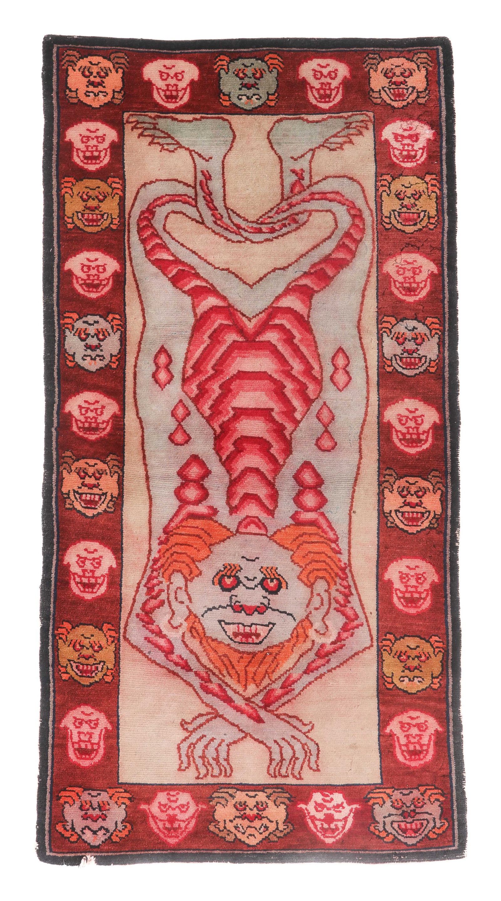 Tantric Pictorial Rug, Tibet, Mid/Late 20th C., 2'11'' x 5'7'': Tantric Pictorial Rug, Tibet, Mid/Late 20th C., 2'11'' x 5'7'' (89 x 170 cm). Weight: 10 lbs.