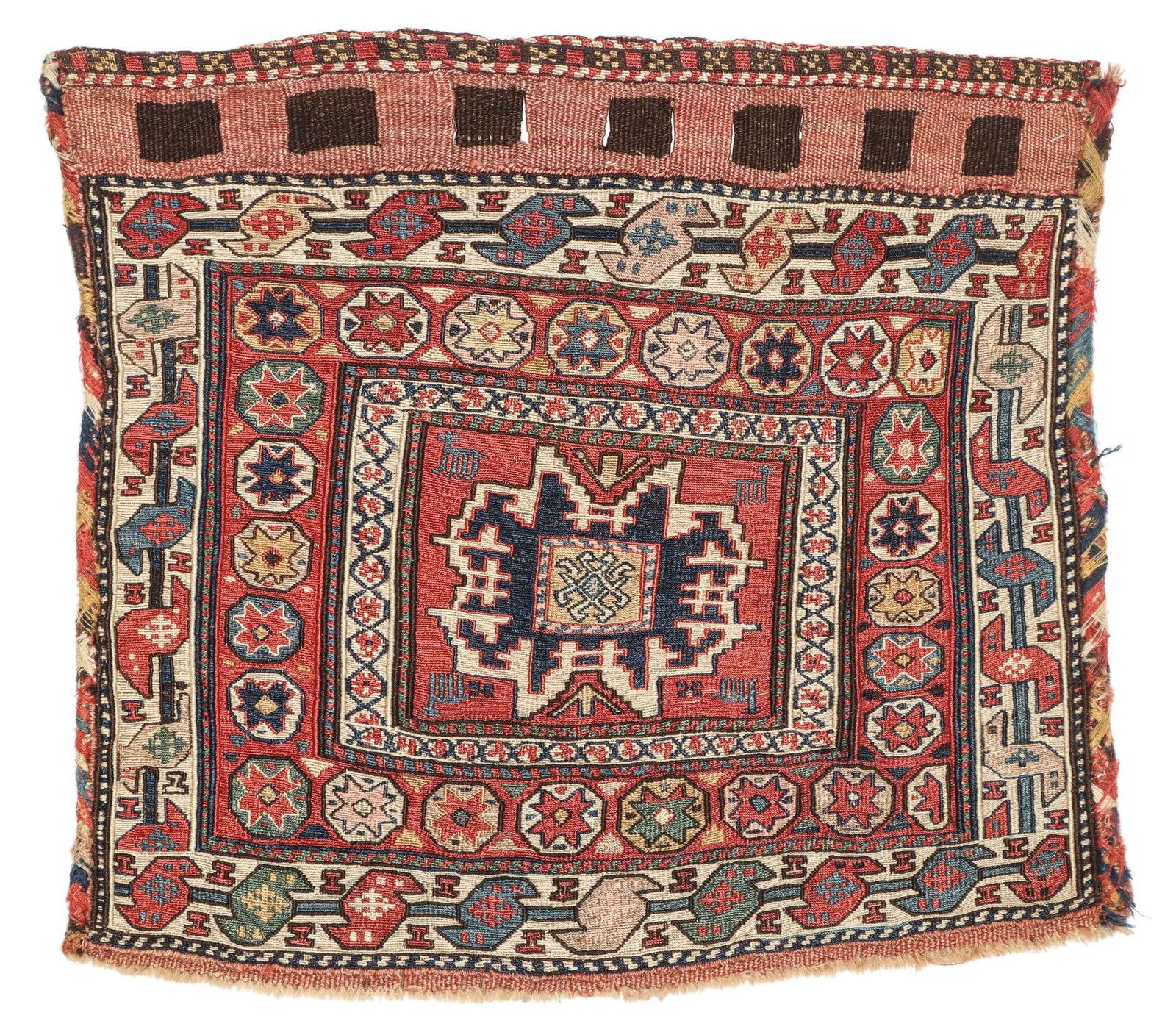 Shahsevan Khorjin Face, Transcaucasus, Mid 19th C.: Shahsevan Khorjin Face, Transcaucasus, Mid 19th C., 2'1'' x 1'10'' (64 x 56 cm). Material: wool surface, wool warp. Ex. Richard R. Markarian Collection, Cincinnati, OH. Provenance: The Collection of R