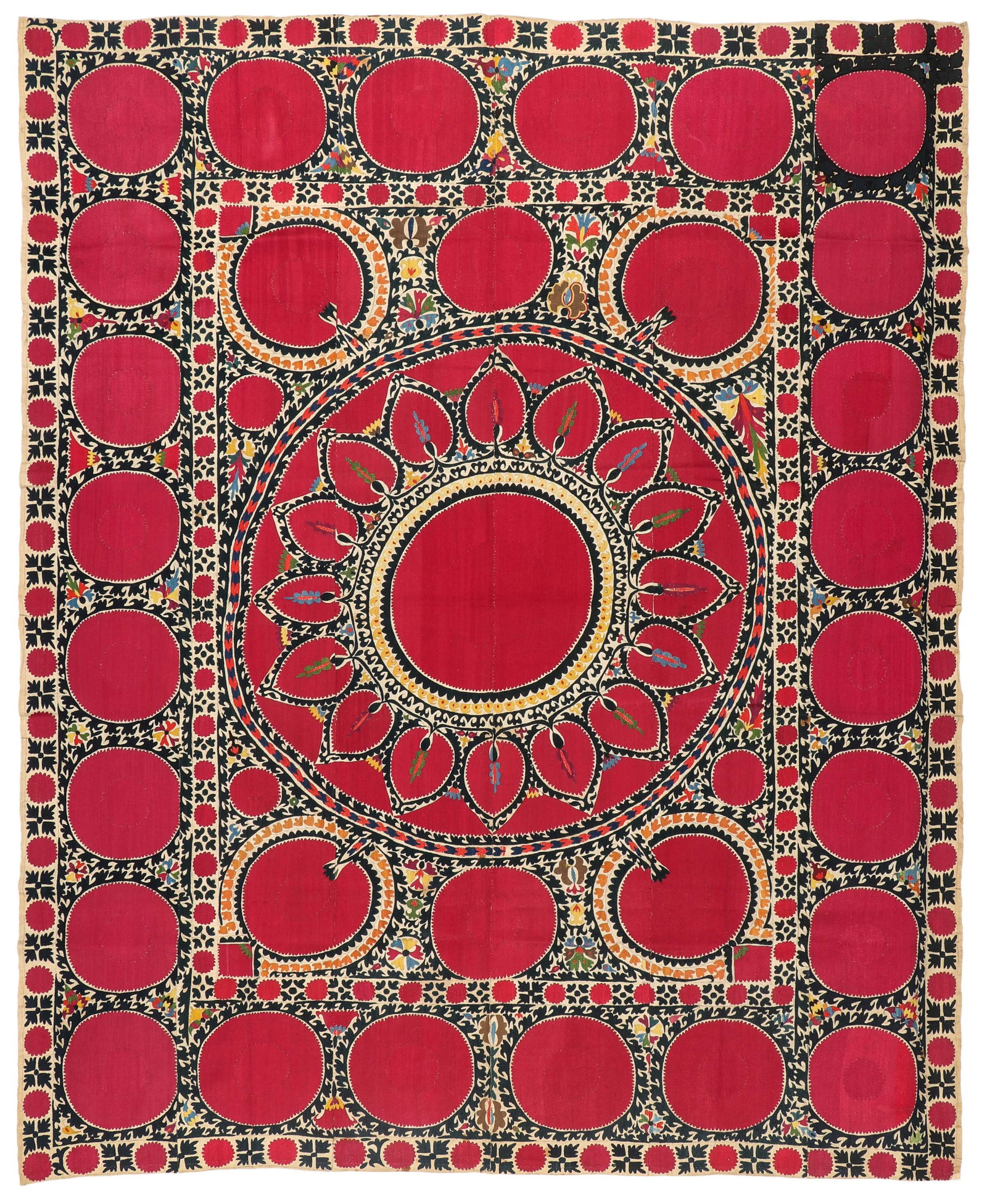 Tashkent Suzani, Uzbekistan, Ca. 1875: Tashkent Suzani, Uzbekistan, Ca. 1875, 6'2'' x 7'6'' (188 x 229 cm). Silk on cotton ground. For a similar example, see Plate 1, Khans, Nomads & Needlework | Suzanis and Embroideries of Central Asia, 2