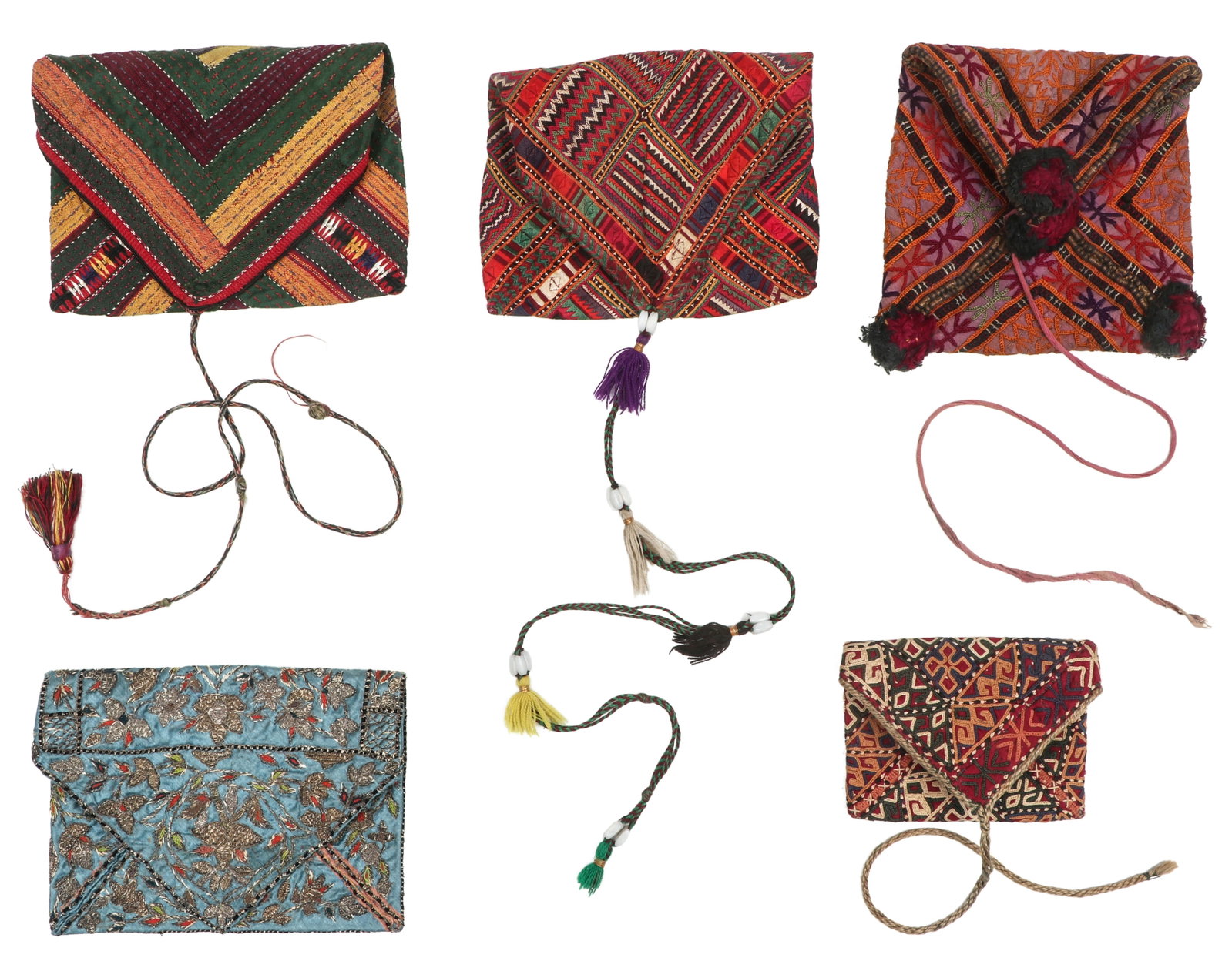 Collector's Grouping of Small Pouches: Collector's Grouping of Small Pouches, including four Central Asian pieces and a Persian example. Ranging in size from 4'' x 6.5'' (10 x 17 cm) to 6.5'' x 10'' (17 x 25 cm). Provenance: The Collection