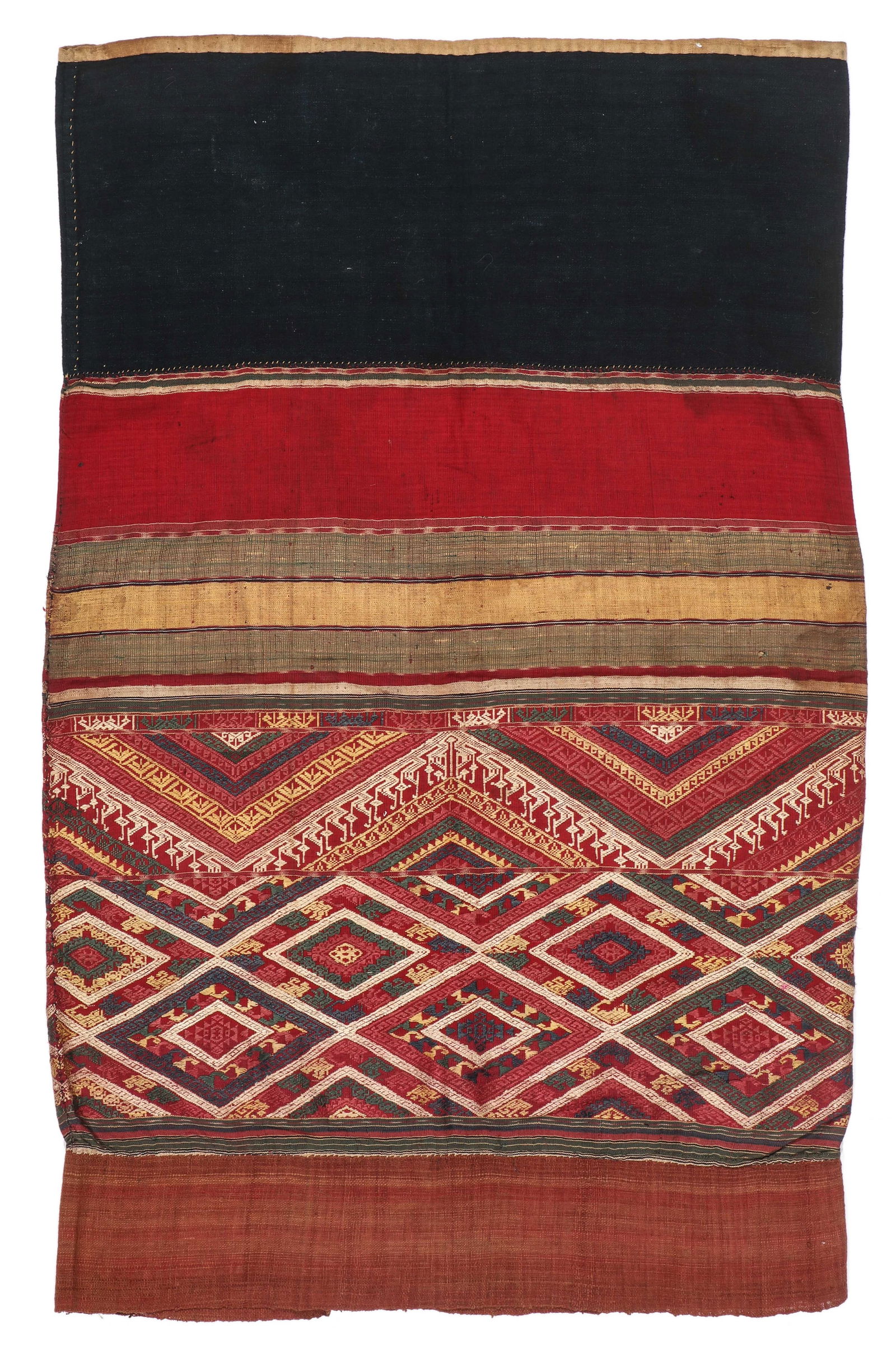 Tai Lue Laos Ceremonial Tube Skirt, 19th C.: Tai Lue Laos Ceremonial Tube Skirt, 19th C. Silk and cotton. Size: 2'1'' x 3'2'' (64 x 97 cm). Ex. Studio Naenna, Chiang Mai, Thailand. Provenance: The Collection of Russell S. and Dona Fling, Columbu