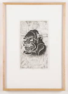 Don Ed Hardy (American, b. 1945) "Reborn," 1997: Don Ed Hardy (American, b. 1945) "Reborn" 1997, artist's proof etching, signed, dated and titled. Framed. Size: 14'' x 8'', 36 x 20 cm (sight); 25'' x 18'', 64 x 46 cm (frame). Provenance: The Robert