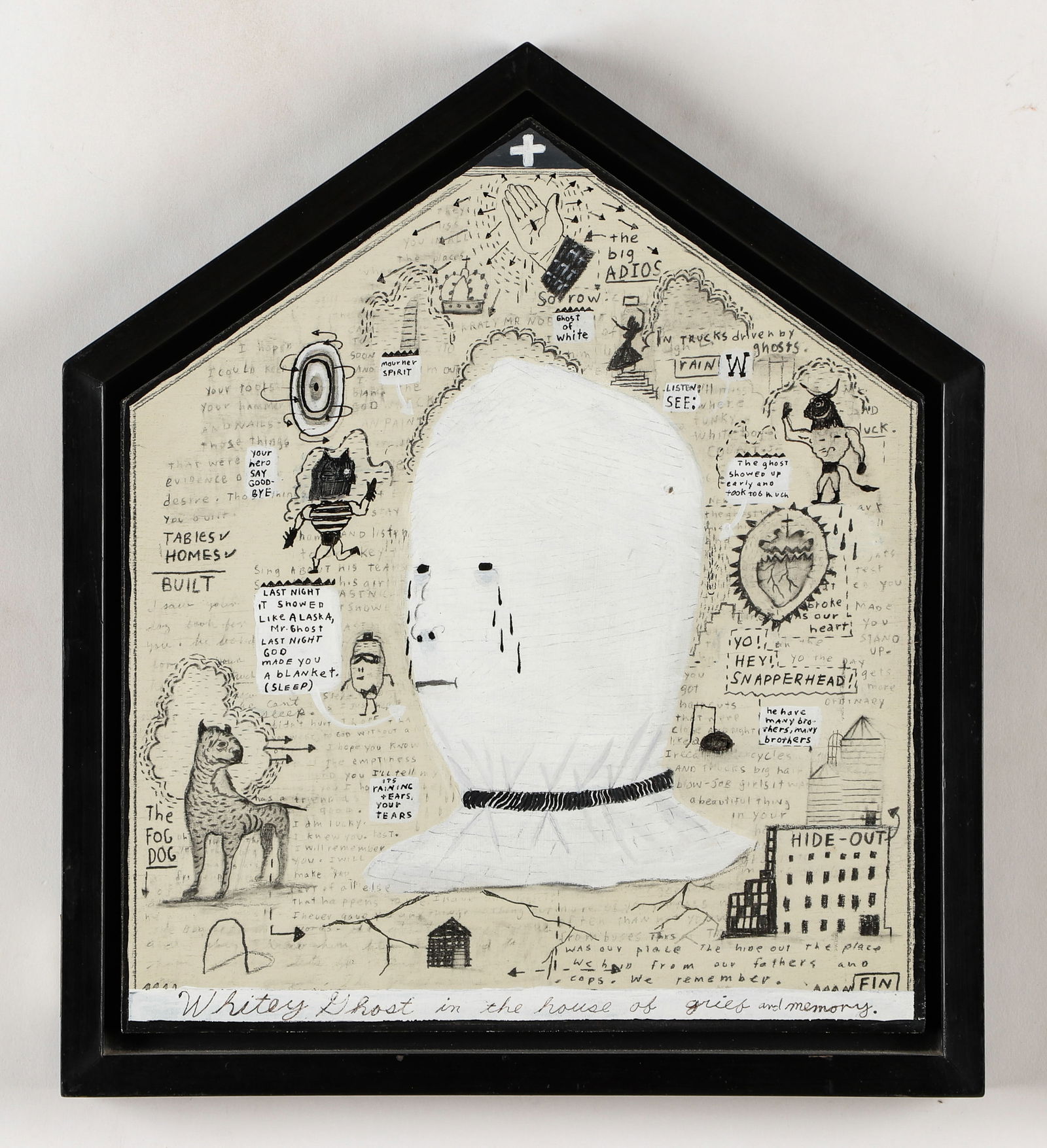 Tony Fitzpatrick (American, b. 1958) "Whitey Ghost" 1992: Tony Fitzpatrick (American, b. 1958) "Whitey Ghost" 1992. Ink, Pencil and acrylic on wood panel. Size: 11.5'' x 10'', 29 x 25 cm (board); 13'' x 11.5'', 33 x 29 cm (frame). Provenance: The Robert L. P