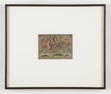 Tony Fitzpatrick (American, b. 1958) "The China Sea Horse," 1994: Tony Fitzpatrick (American, b. 1958) "The China Sea Horse," 1994, 4 color etching, signed with initials, dated, titled and P.P. Framed. Fleisher Ollman Gallery, Philadelphia, PA. Size: 15'' x 18'', 38