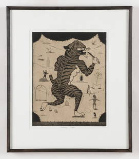 Tony Fitzpatrick (American, b. 1958) "Running Tiger," 1992: Tony Fitzpatrick (American, b. 1958) "Running Tiger," 1992, artist's proof etching, initialed, titled, dated, framed. Size: 14.5'' x 11.5'', 37 x 29 cm (sight); 21.25'' x 18.25'', 54 x 46 cm (frame).