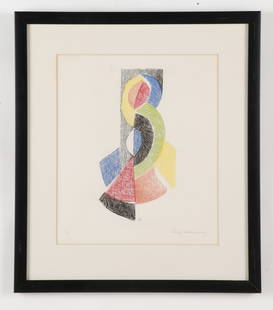 Sonia Delaunay (French/Ukrainian, 1885-1979) "Le Rythme VI," 1966: Sonia Delaunay (French/Ukrainian, 1885-1979) "Le Rythme VI," 1966, color etching, signed and numbered: 98/100, framed. Size:18'' x 15.5'', 46 x 39 cm (sight); 27'' x 23.5'', 69 x 60 cm (frame). Proven