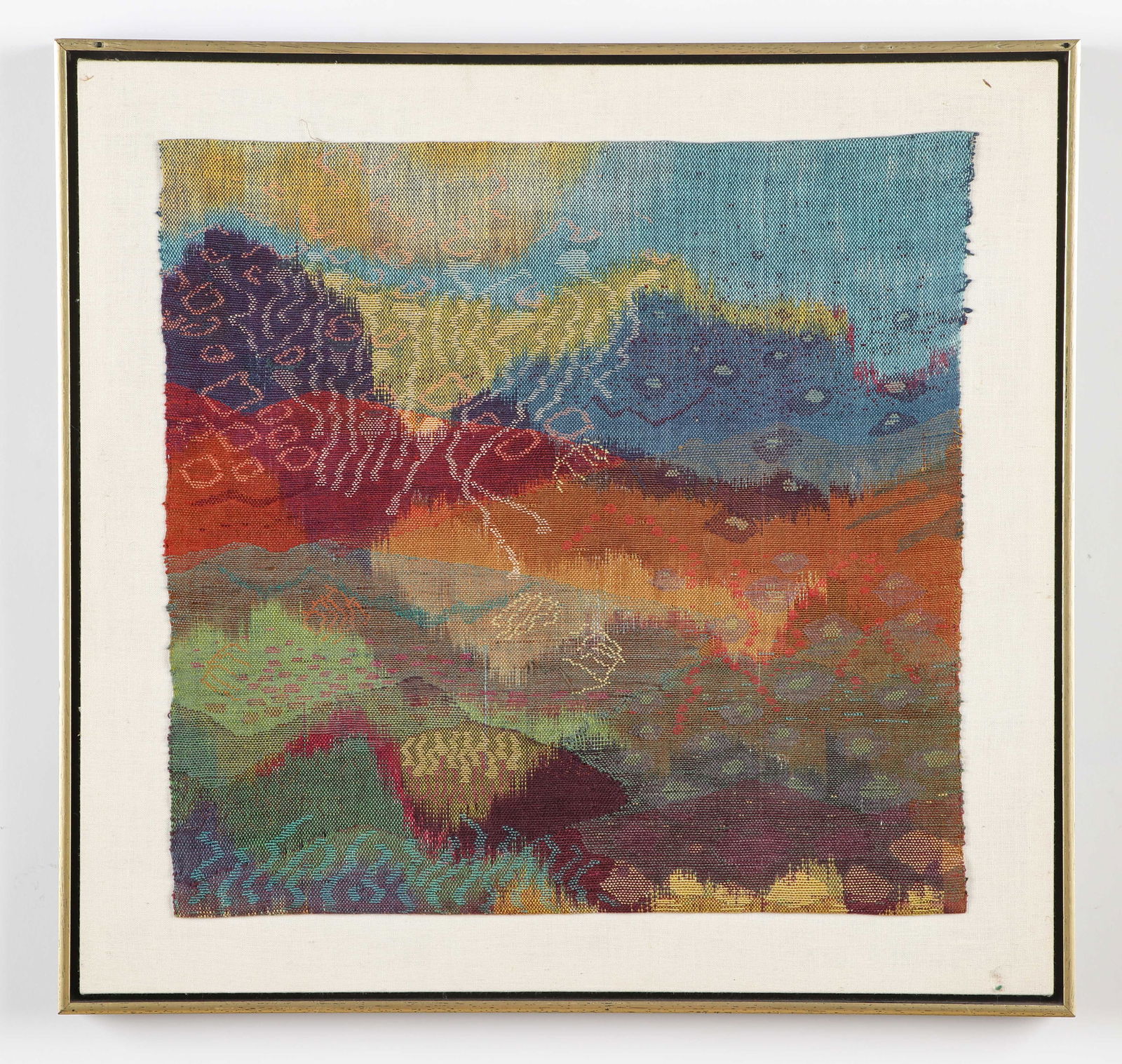 Jennifer Simons (20th/21st C.) Ikat Textile: Jennifer Simons (20th/21st C.) Framed Ikat Textile.Size: 18.5'' x 18.75'', 47 x 48 cm (textile); 23'' x 24'', 58 x 61 cm (frame). Provenance: The Robert L. Pfannebecker Collection. Artist Biography: J