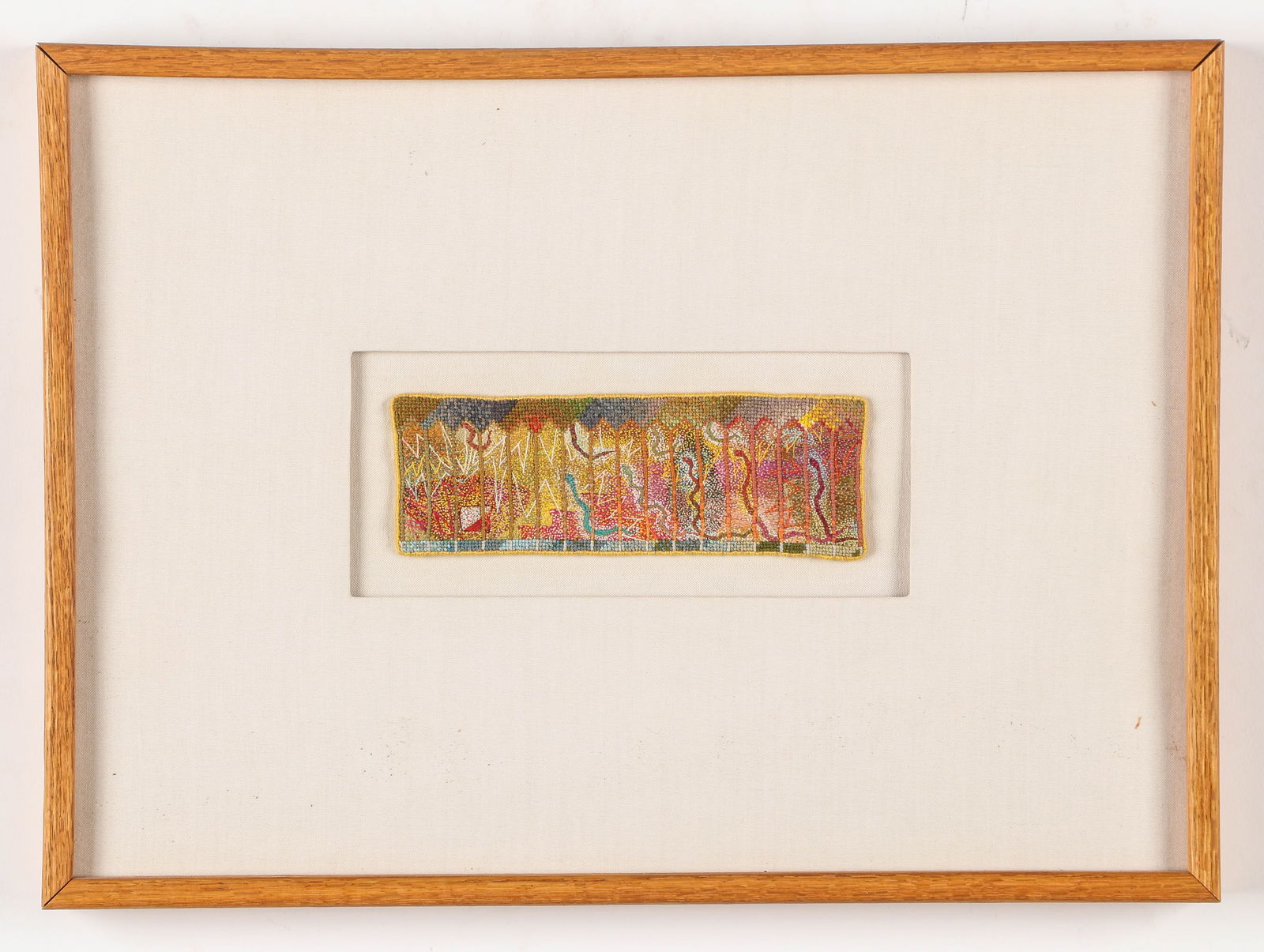 Thomas Lundberg (American, b. 1953) "Snakes and Fence," 1981: Thomas Lundberg (American, b. 1953) , cross stitch and couched embroidery on linen. Framed. Size: 2.5'' x 7.5'', 6 x 19 cm (textile); 13.5'' x 18.5'', 34 x 47 cm (frame). Provenance: The Robert L. Pfa