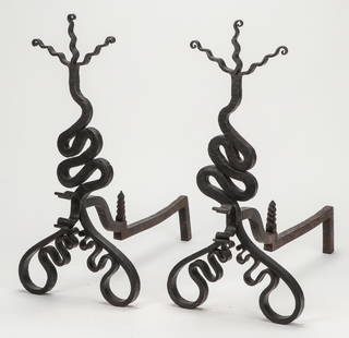 Pair of Custom Made Wrought Iron Andirons: Pair of Custom Made Wrought Iron Andirons. purchased from an antique dealer at the York Antique Show. Size: Each 26'' x 13'' x 25.5'' (66 x 33 x 65 cm). Provenance: The Robert L. Pfannebecker Collecti