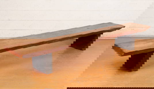Donald B. Wright (American, 20th/21st C.) Large Wooden Plank Bench.: Donald B. Wright (American, 20th/21st C.) Large Wooden Plank Bench. Formerly in the residence of Robert Pfannebecker. Size: 15.5'' x 109.5'' x 20.5'' (39 x 278 x 52 cm). Provenance: The Robert L. Pfan