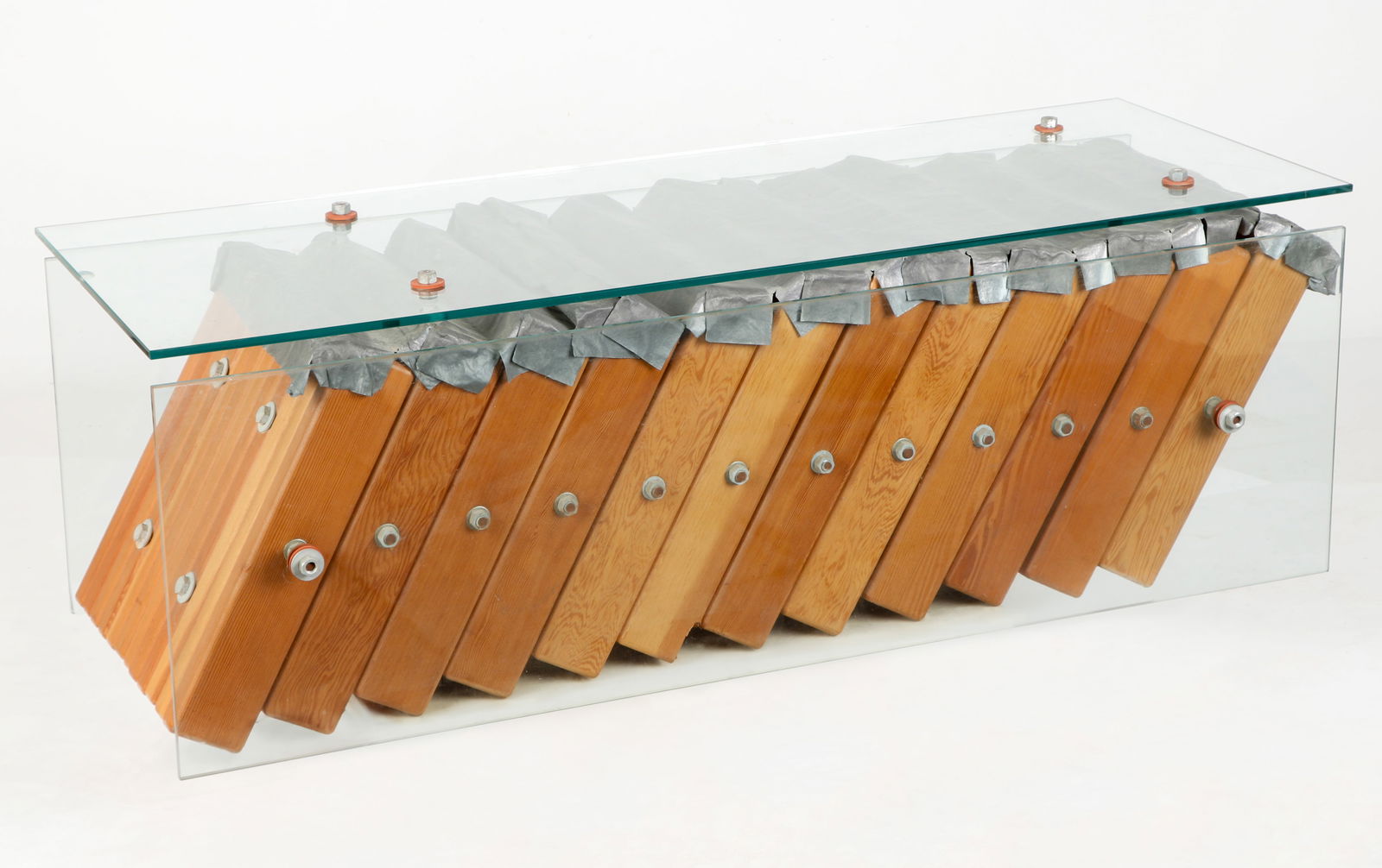 Thomas Lacagnina (American, b. 1938) Glass Mounted Wood Table: Thomas Lacagnina (American, b. 1938). Glass Mounted Wood Table. Size: 18.75'' x 55.25'' x 21'' (48 x 140 x 53 cm). Provenance: The Robert L. Pfannebecker Collection. Artist Biography: Tom Lacagnina re