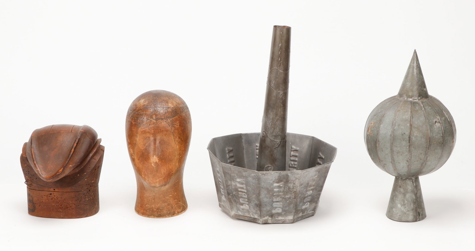 Collector's Lot of Hat Molds and Zinc Objects: Collector's Lot of Hat Molds and Zinc Objects. Including: Untitled (bundt style pan) by John Wahl (American, 20th/21st C). Artist biography: John Wahl received his MFA in 1994 from State University of