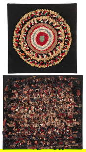 2 Antique American Hooked Rugs: 2 Antique American Hooked Rugs. On stretcher. Size: 1) 14.5'' x 14.5'', 37 x 37 cm (rug); 17'' x 17'', 43 x 43 cm (stretcher). 2) Size: 15'' x 16'' 38 x 41 cm (stretcher). Provenance: The Robert L. Pf