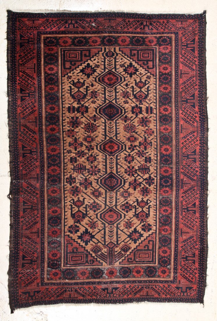 Camel Field Belouch Rug: Camel Field Belouch Rug, Afghanistan, circa 1900. Size: 6' 5" x 4' 3". Cost for us to pack and ship this item via UPS GROUND in the continental USA (includes insurance, with signature required): $40.