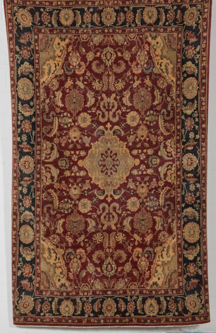 Classical 19th c Style Agra Carpet: Classical 19th c Style Agra Carpet, India, modern, worn with minor repairs. Size: 5'10 x 9'4". Cost for us to pack and ship this item via UPS GROUND in the continental USA (includes insurance, with si