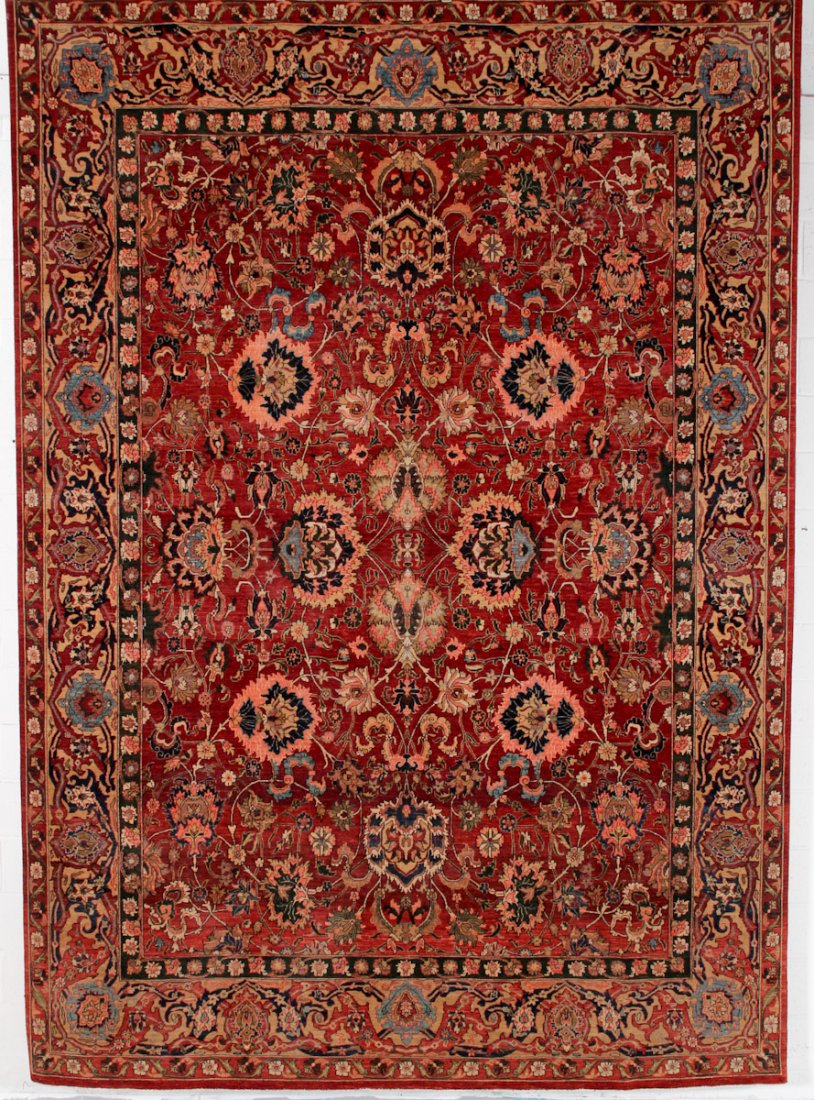 Agra Carpet: Agra Carpet, India, modern, areas of minor wear. Size: 8' 10 x 12' 4". Cost for us to pack and ship this item via UPS GROUND in the continental USA (includes insurance, with signature required): $95.