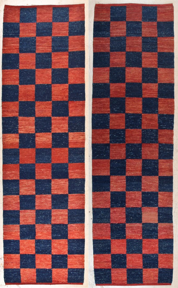 Pair of Modernist Carpet Runners: Pair of Modernist Carpet Runners, Turkey, sumakh weaveRed and Blue Checkered Runner. Size: 2'6" x 9'1". Cost for us to pack and ship this item via UPS GROUND in the continental USA (includes insurance