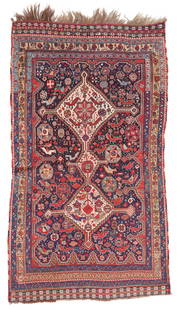 Khamseh Rug, Persia, Ca. 1875, 4'5'' x 7'9'': Khamseh Rug, Persia, Ca. 1875, 4'5'' x 7'9'' (135 x 236 cm). Weight: 14 lbs. Material: wool pile, wool warp, wool weft. Provenance: Ex. Eric Jacobson Collection. Portland, Oregon. Provenance: Ex.