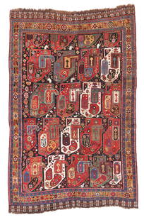 Khamseh Mother/Child Boteh Rug, Persia, Ca. 1875, 5'3'' x 8'3'': Khamseh Mother/Child Boteh Rug, Persia, Ca. 1875, 5'3'' x 8'3'' (160 x 251 cm). Weight: 14 lbs. Material: wool pile, wool warp, wool weft. Provenance: Ex. Eric Jacobson Collection. Portland, Oregon.