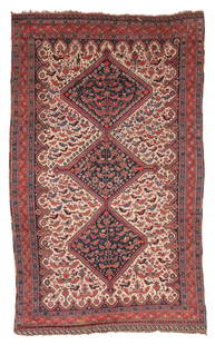 Khamseh Main Rug, Persia, Ca. 1875, 5'7'' x 9'3'': Khamseh Main Rug, Persia, Ca. 1875, 5'7'' x 9'3'' (170 x 282 cm). Weight: 18 lbs. Material: wool pile, wool warp, wool weft. Provenance: Ex. Eric Jacobson Collection. Portland, Oregon.