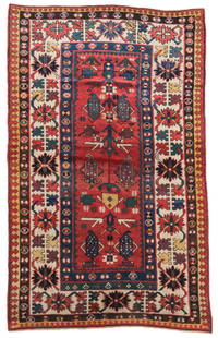 Kazak Rug, Caucasus, Ca. 1880, 4'2'' x 6'9'': Kazak Rug, Caucasus, Ca. 1880, 4'2'' x 6'9'' (127 x 206 cm). Weight: 11 lbs. Material: wool pile, wool warp, wool weft. Both minor end guards rewoven.