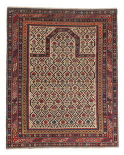 Fine Shirvan Prayer Rug, Caucasus, Ca. 1875, 4'1'' x 5'0'': Fine Shirvan Prayer Rug, Caucasus, Ca. 1875, 4'1'' x 5'0'' (124 x 152 cm). Weight: 6 lbs. Material: wool pile, wool warp, wool weft. Private Florida collection.