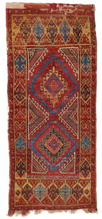 Karapinar Rug, Turkey, 19th C., 4'2'' x 9'6'': Karapinar Rug, Turkey, 19th C., 4'2'' x 9'6'' (127 x 290 cm). Weight: 14 lbs. Material: wool pile, wool warp, wool weft. Sporadic wear, with a support backing cloth attached to one end.